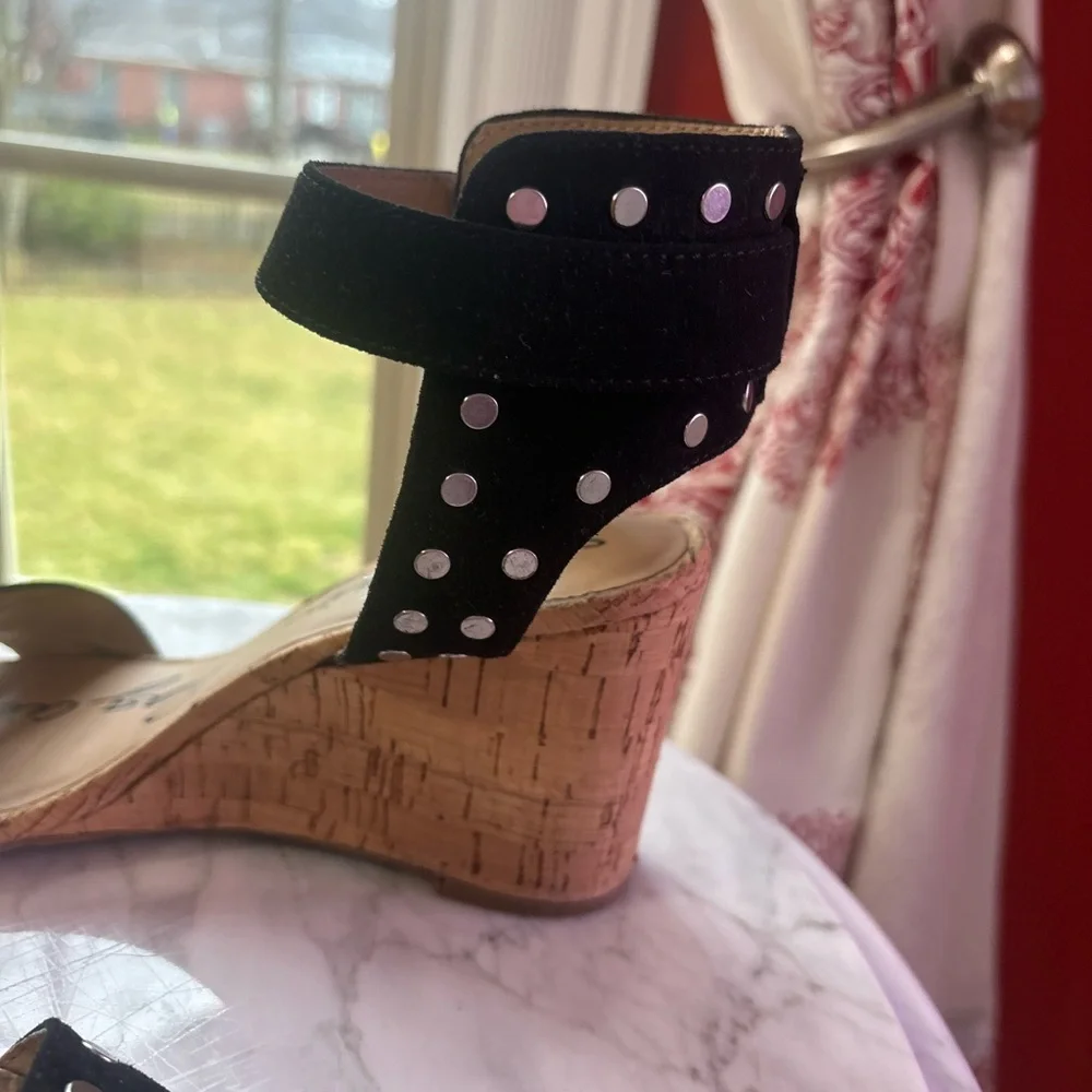 American Rag Black Studded Wedge Sandals Cork Heel Size 8